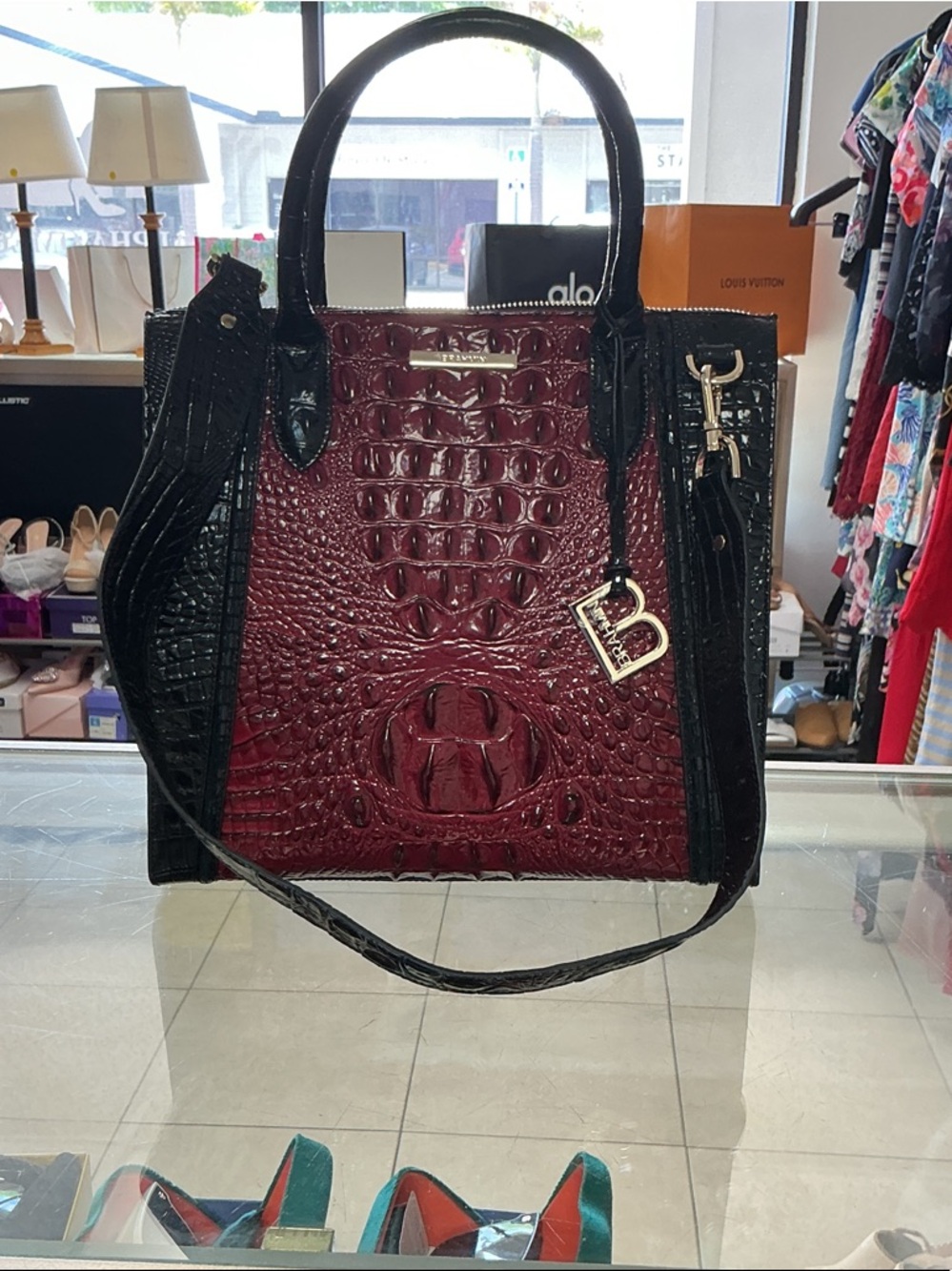 Brahmin Black and Burgundy Croc-Embossed Leather Tote with Charm - Picture 4 of 4